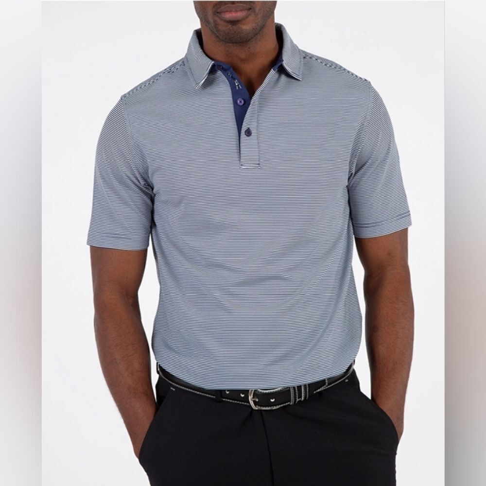 Bobby Jones Men's Polo Shirt Size L Mini Feed Performance Striped Blue And White